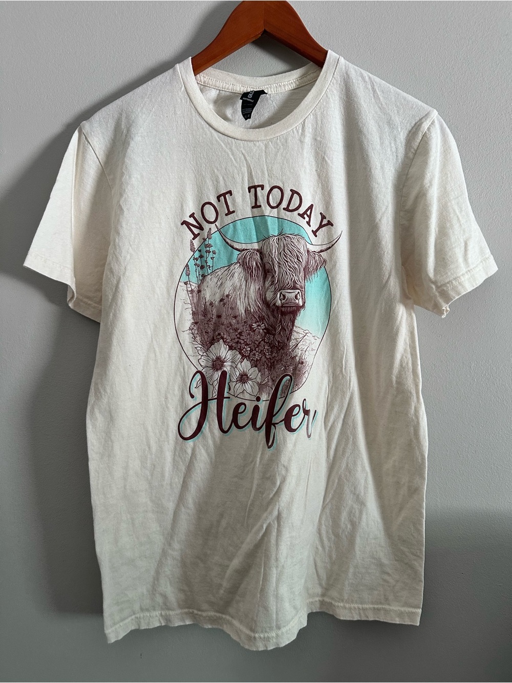 Cream Graphic Tee with Aqua & Brown Heifer Design Size M